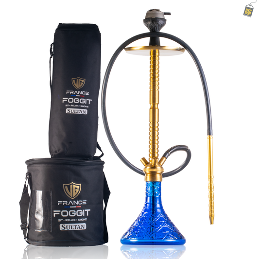Sultan Heygan Hookah with 2 Bags - Gold Stem / Blue Base