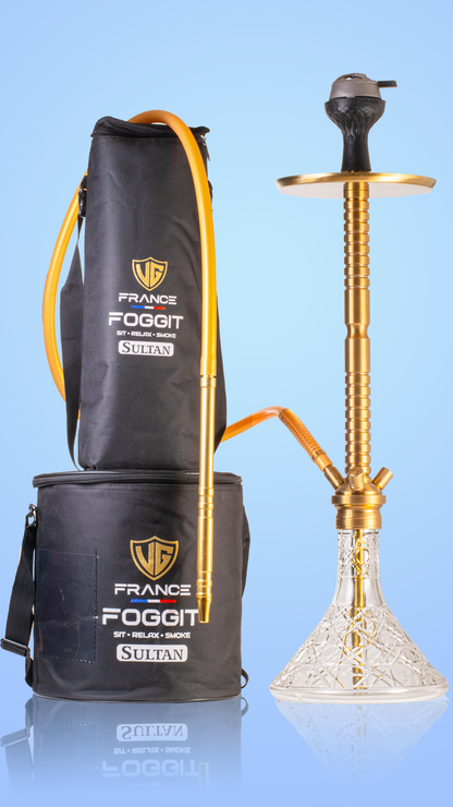 Sultan Heygan Hookah with 2 Bags - Gold Stem / Transparent Base