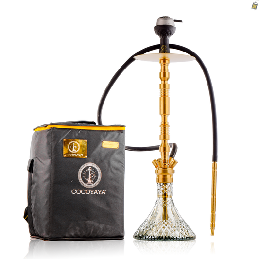 COCOYAYA King Series Hector Hookah - Golden Stem / Cut Glass Grey Base with bag