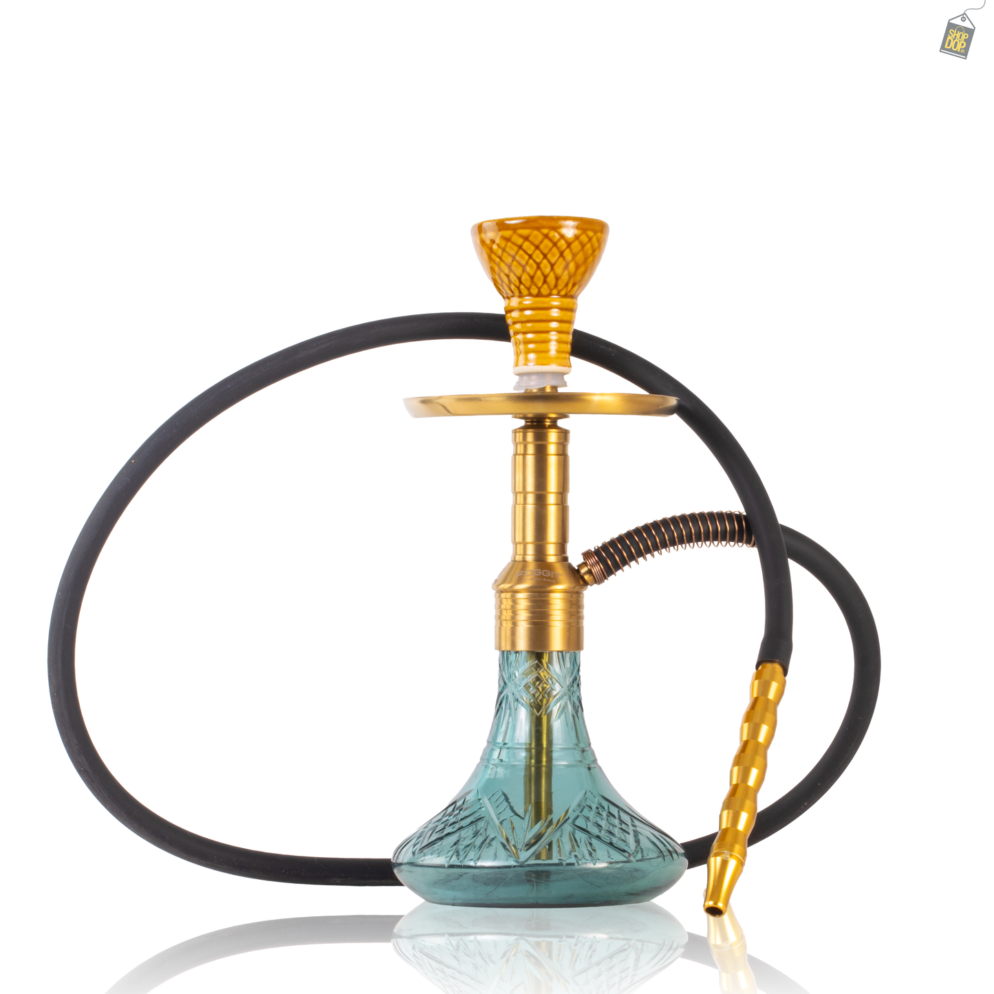 Noddy 007 Night Fire Hookah with Bag - Gold Stem / Aqua Base