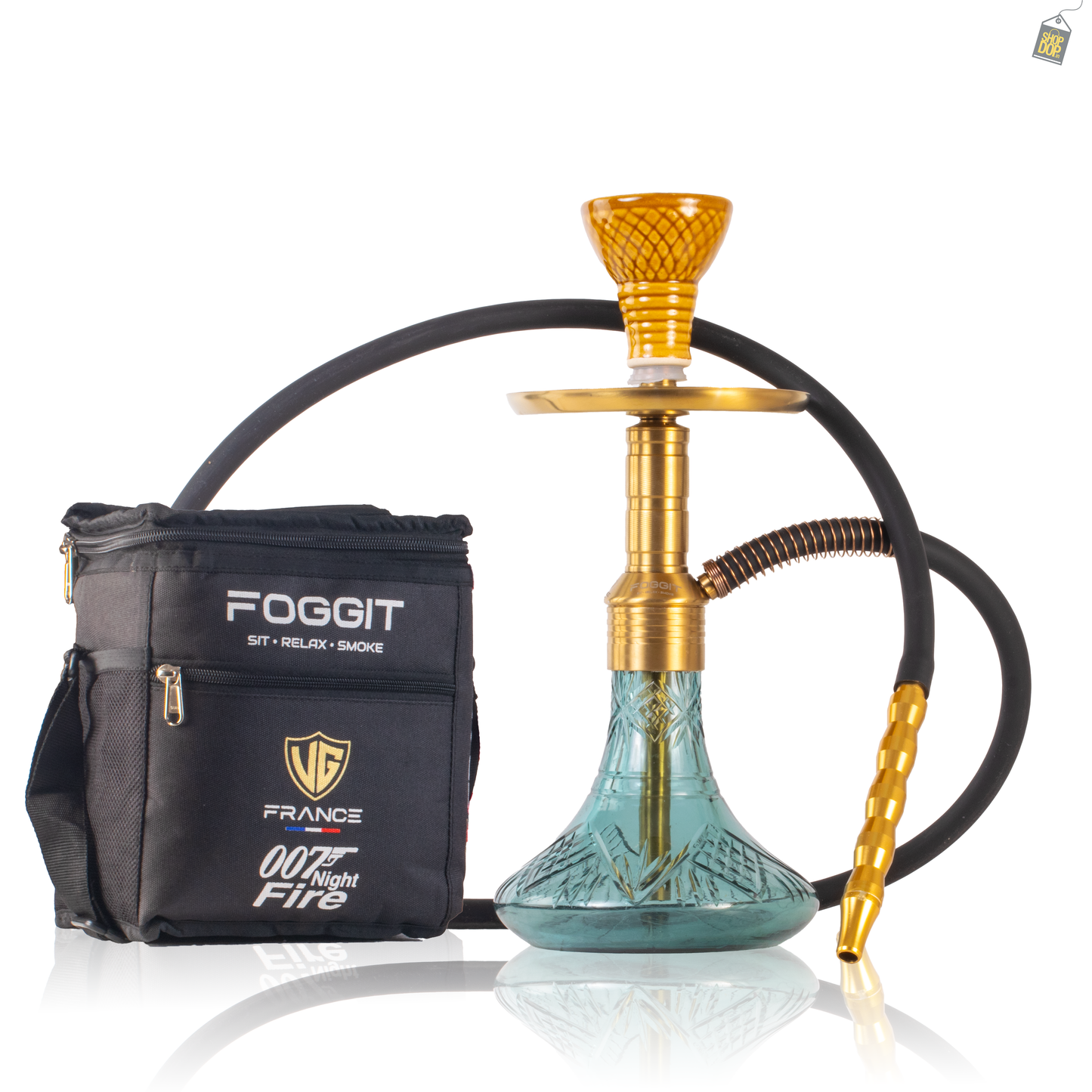 Noddy 007 Night Fire Hookah with Bag - Gold Stem / Aqua Base