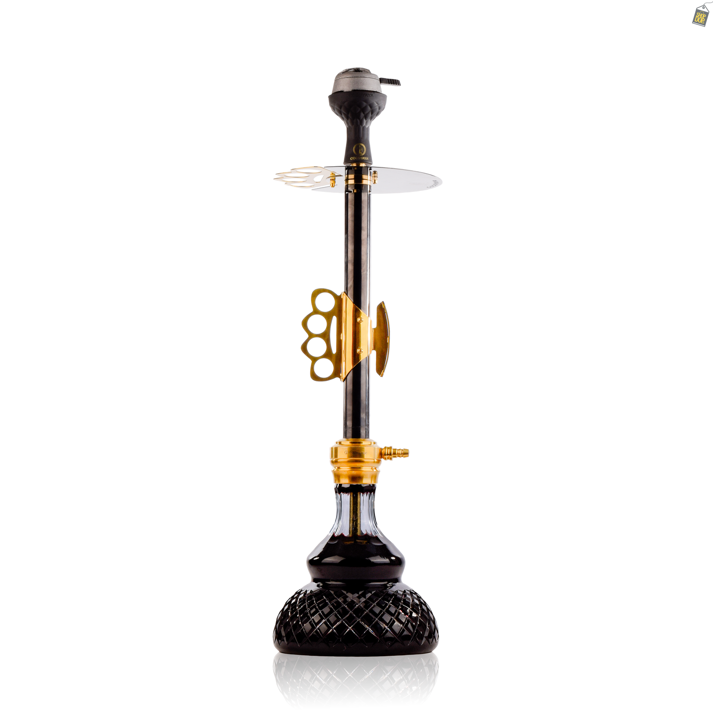 Knuckler Hookah - Golden Stem / Black Base with Dark Brown bag