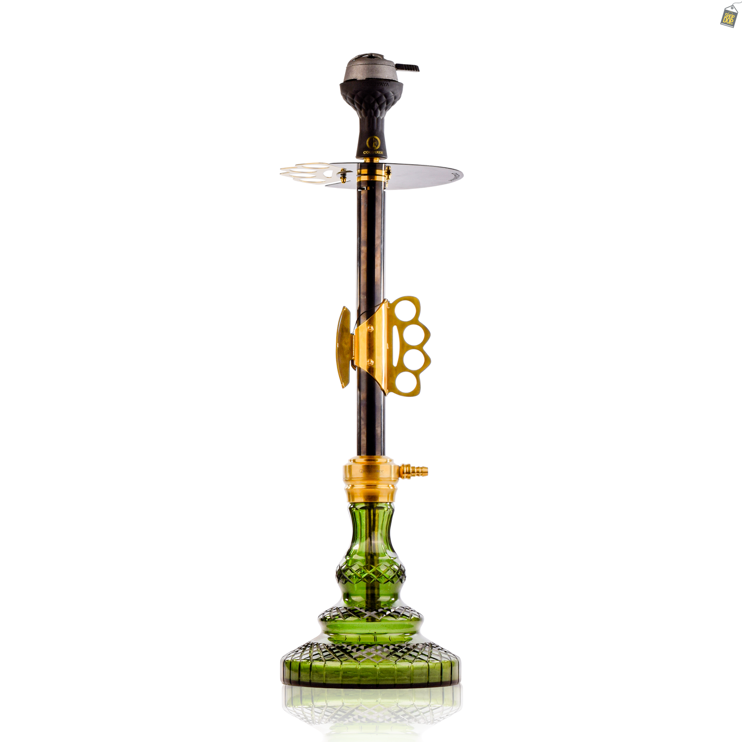 Knuckler Hookah - Golden Stem / Emerald Green Base with Grey bag