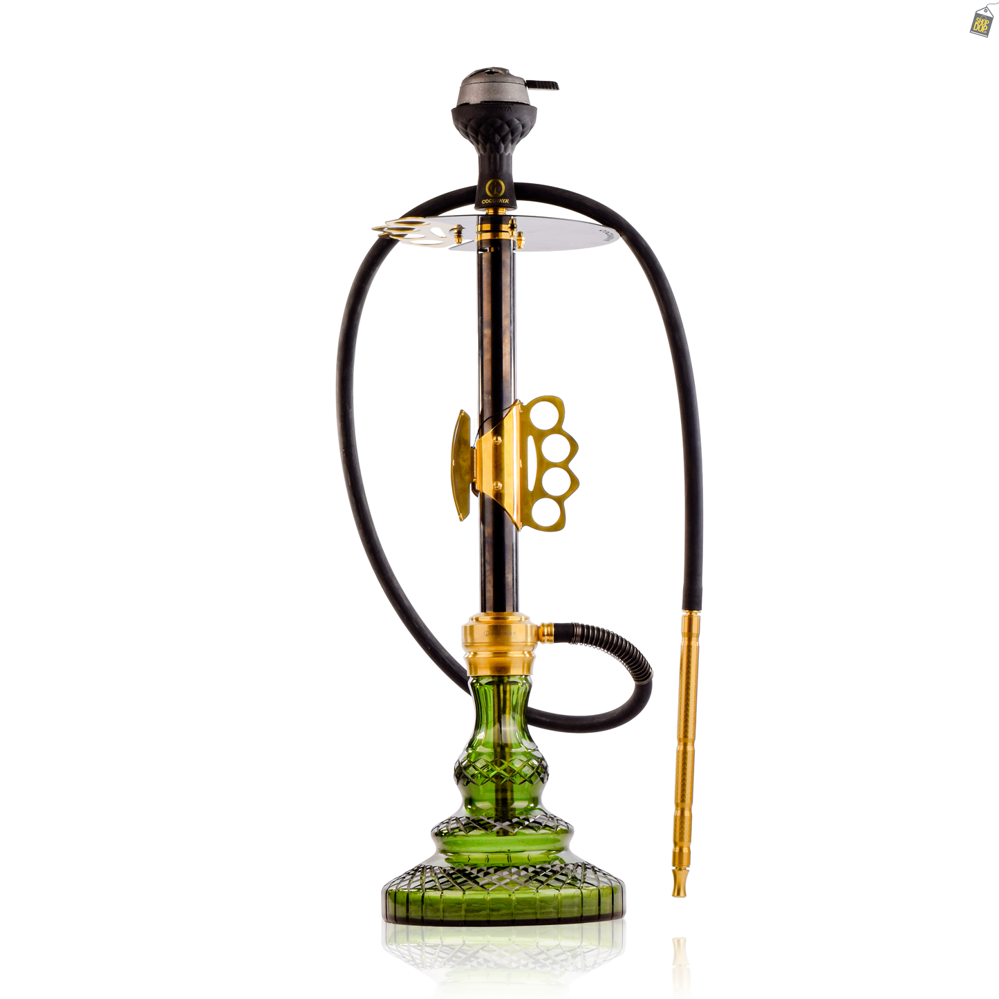 Knuckler Hookah - Golden Stem / Emerald Green Base with Grey bag