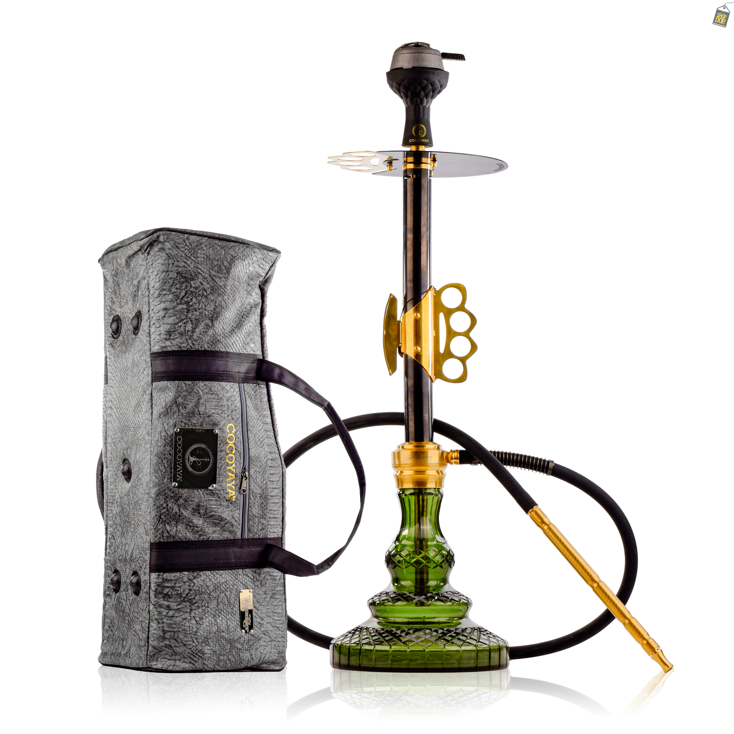 Knuckler Hookah - Golden Stem / Emerald Green Base with Grey bag