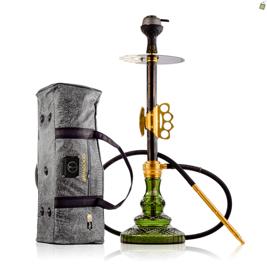Knuckler Hookah - Golden Stem / Emerald Green Base with Grey bag
