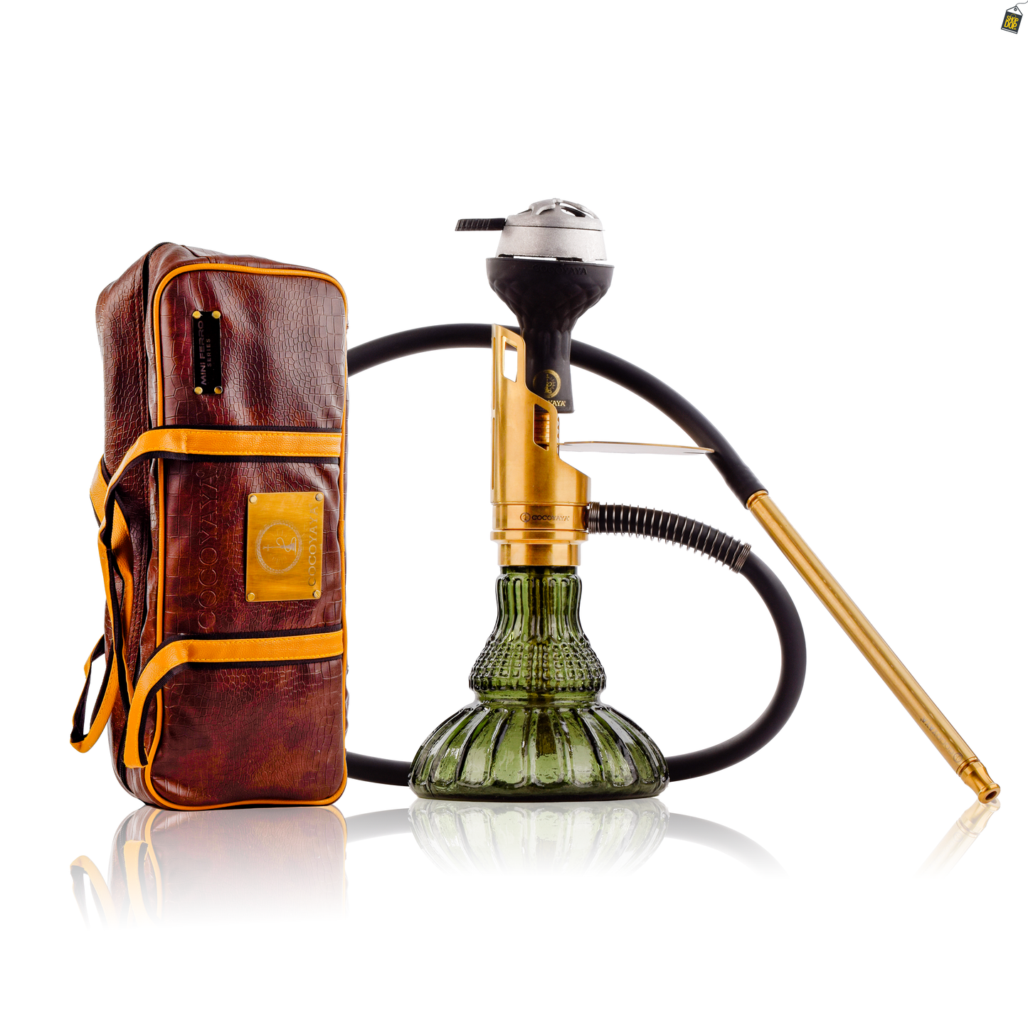 COCOYAYA Mini Ferro Savi Hookah with- Golden Stem / Emerald Green Base with Bag