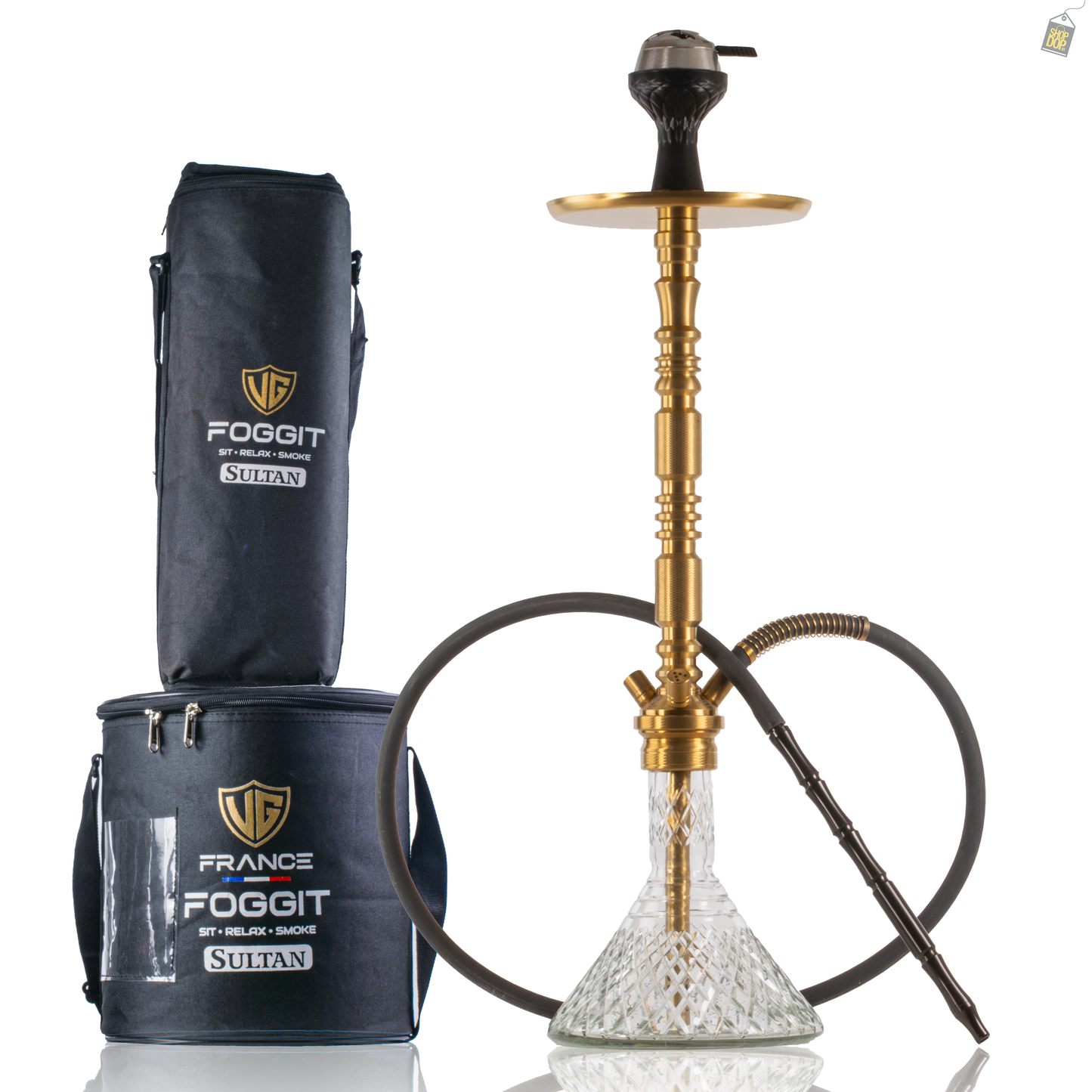 Sultan Orchan Hookah with 2 Bags - Golden Stem / Transparent Base