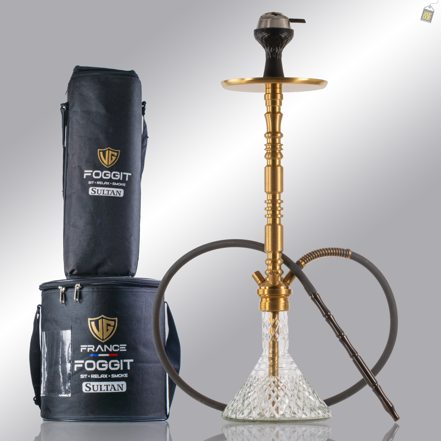 Sultan Orchan Hookah with 2 Bags - Golden Stem / Transparent Base