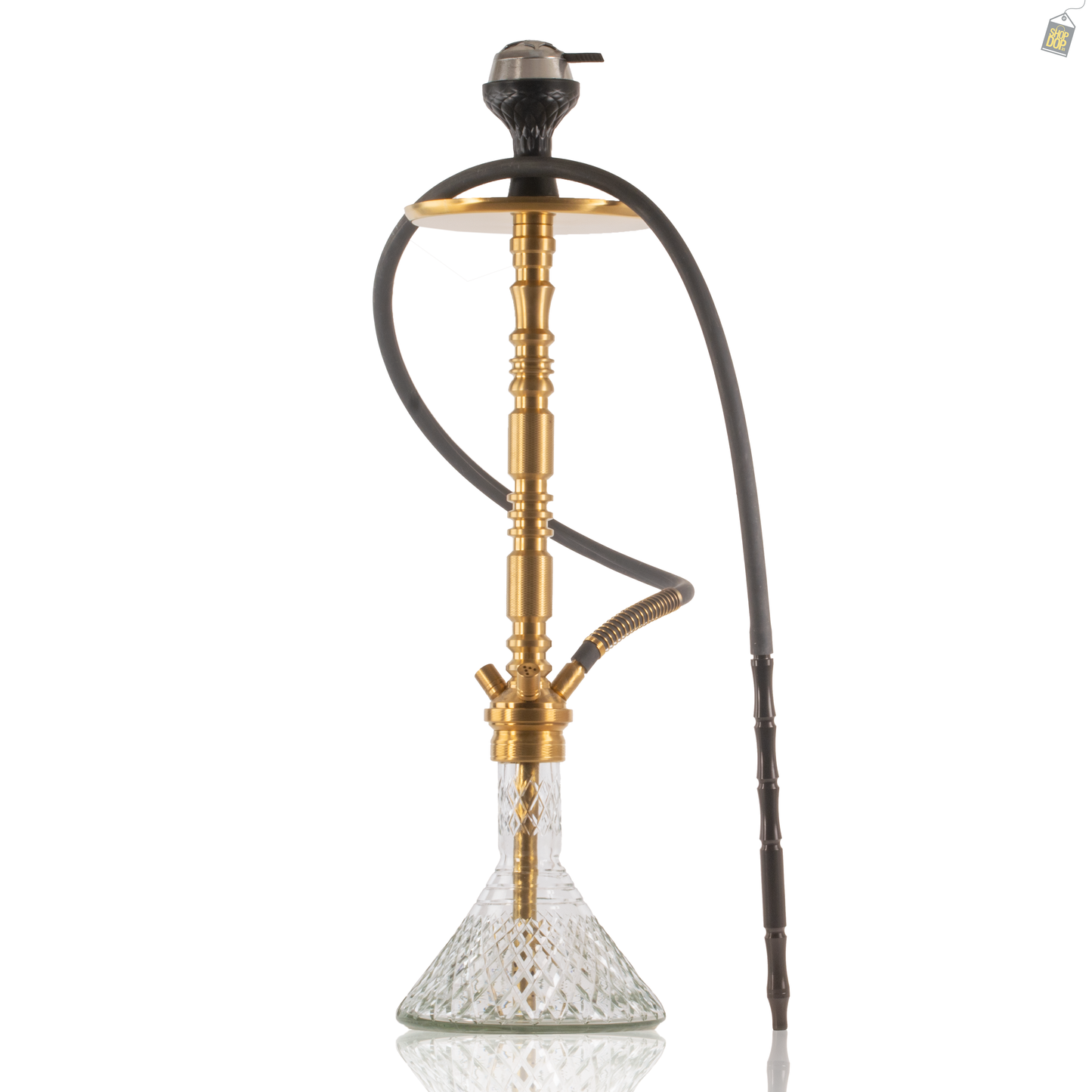 Sultan Orchan Hookah with 2 Bags - Golden Stem / Transparent Base