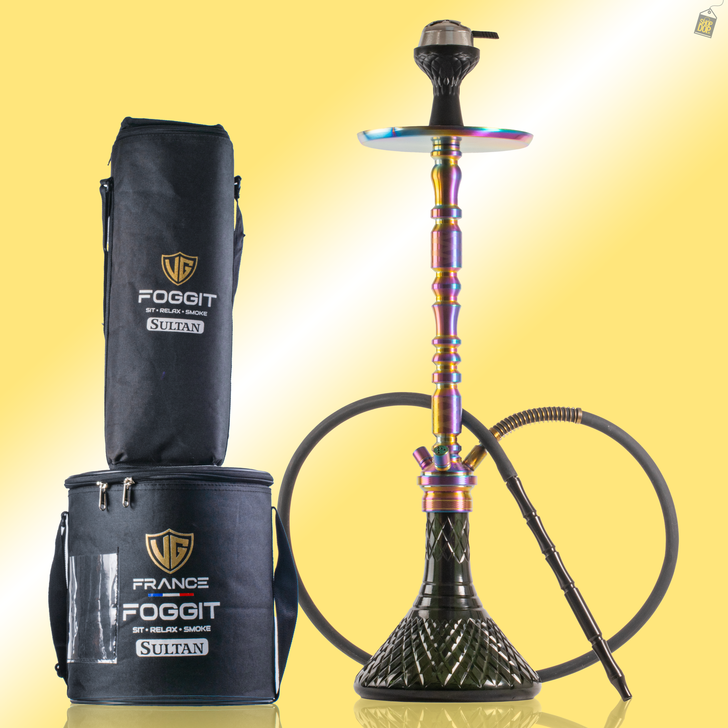 Sultan Orchan Hookah with 2 Bags - Rainbow Stem / Emerald Green Base