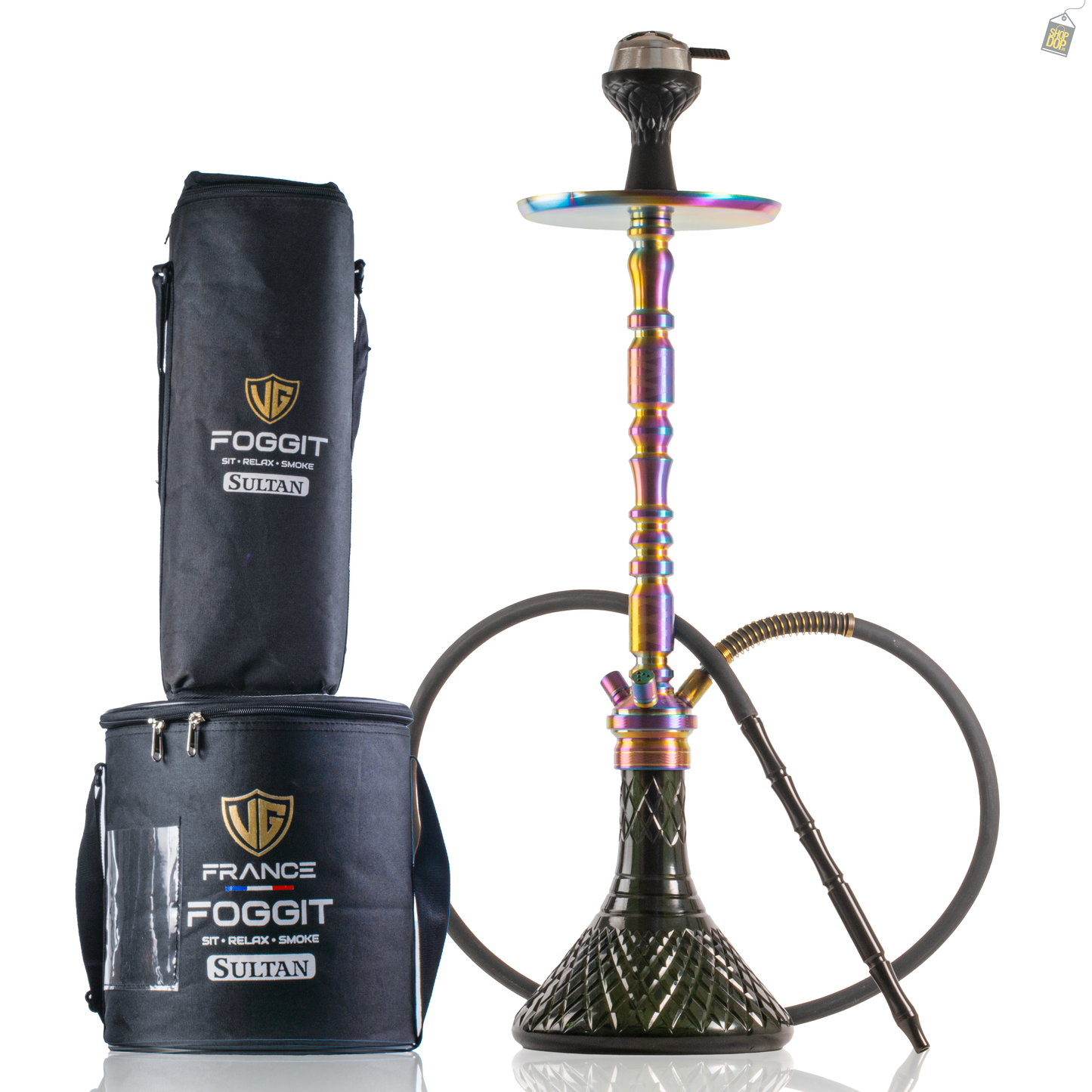 Sultan Orchan Hookah with 2 Bags - Rainbow Stem / Emerald Green Base