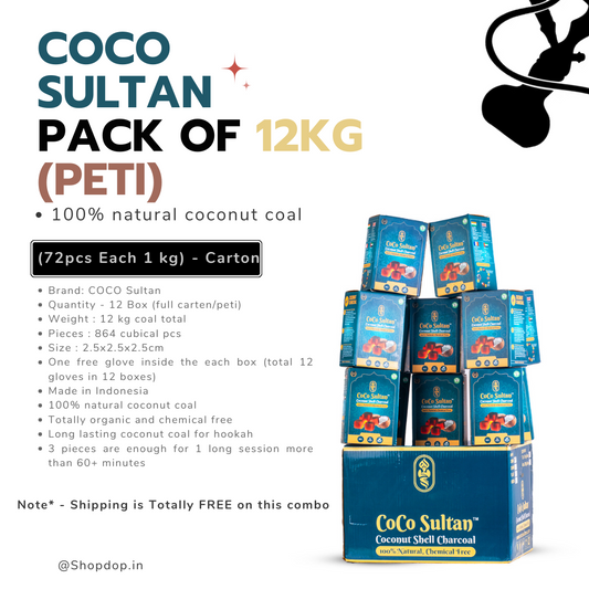 Pack of 12kg (Peti) - COCO Sultan Coconut Coal (72pcs Each 1 kg) - Carton