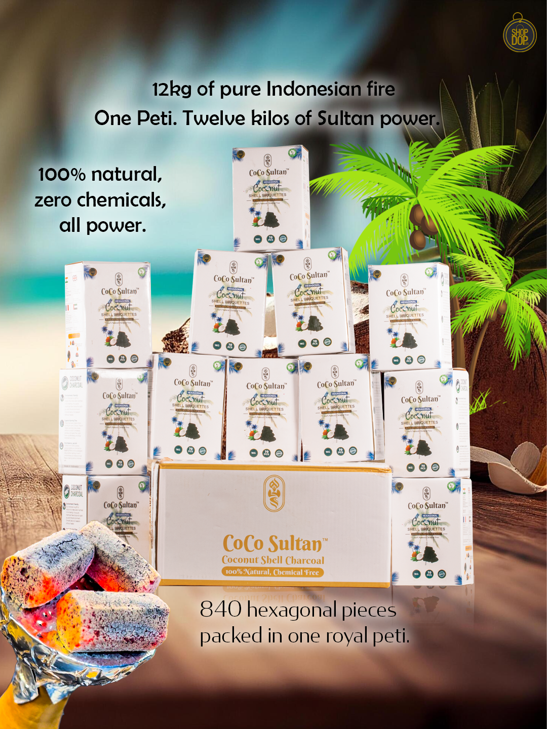 Pack of 12kg (Peti) COCO Sultan Hexagonal Hookah Coconut Coal - Carton