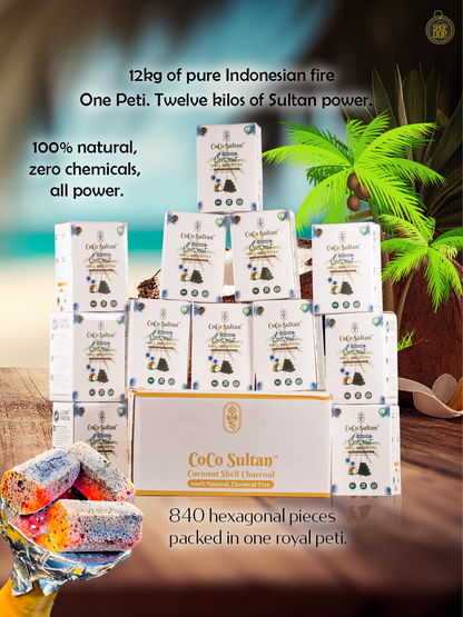 Pack of 12kg (Peti) COCO Sultan Hexagonal Hookah Coconut Coal - Carton