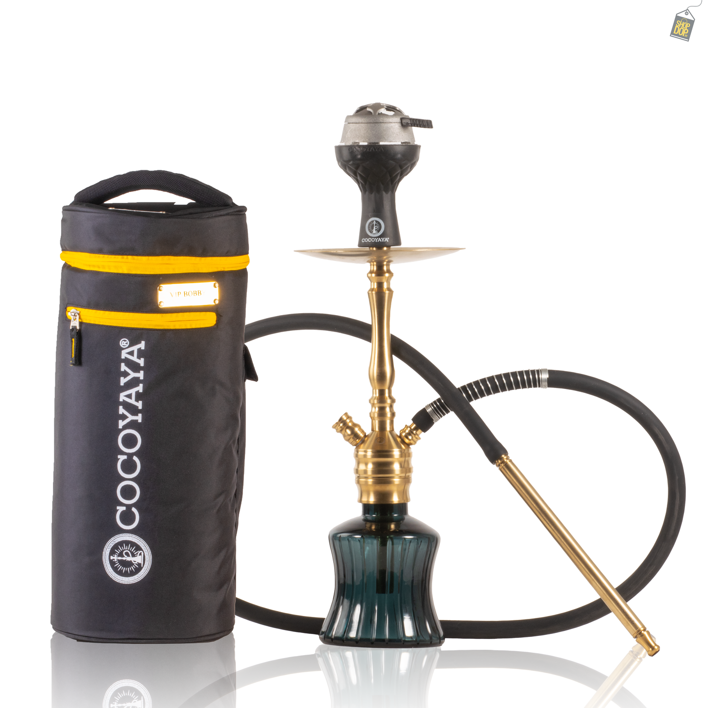 COCOYAYA VIP Robby Hookah with Bag - Gold Stem / Emerald Green Base