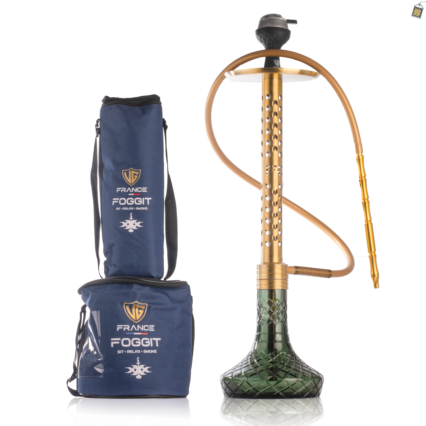 VG Romeo Vault Hookah with 2 Bags - Gold Arrow Stem / Emerald Green Base