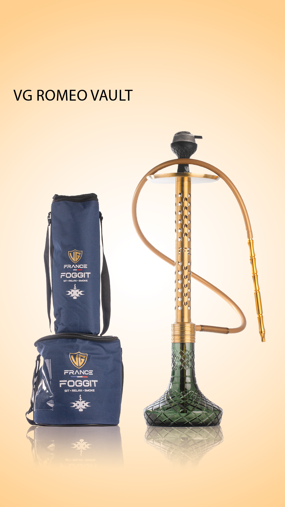 VG Romeo Vault Hookah with 2 Bags - Gold Arrow Stem / Emerald Green Base