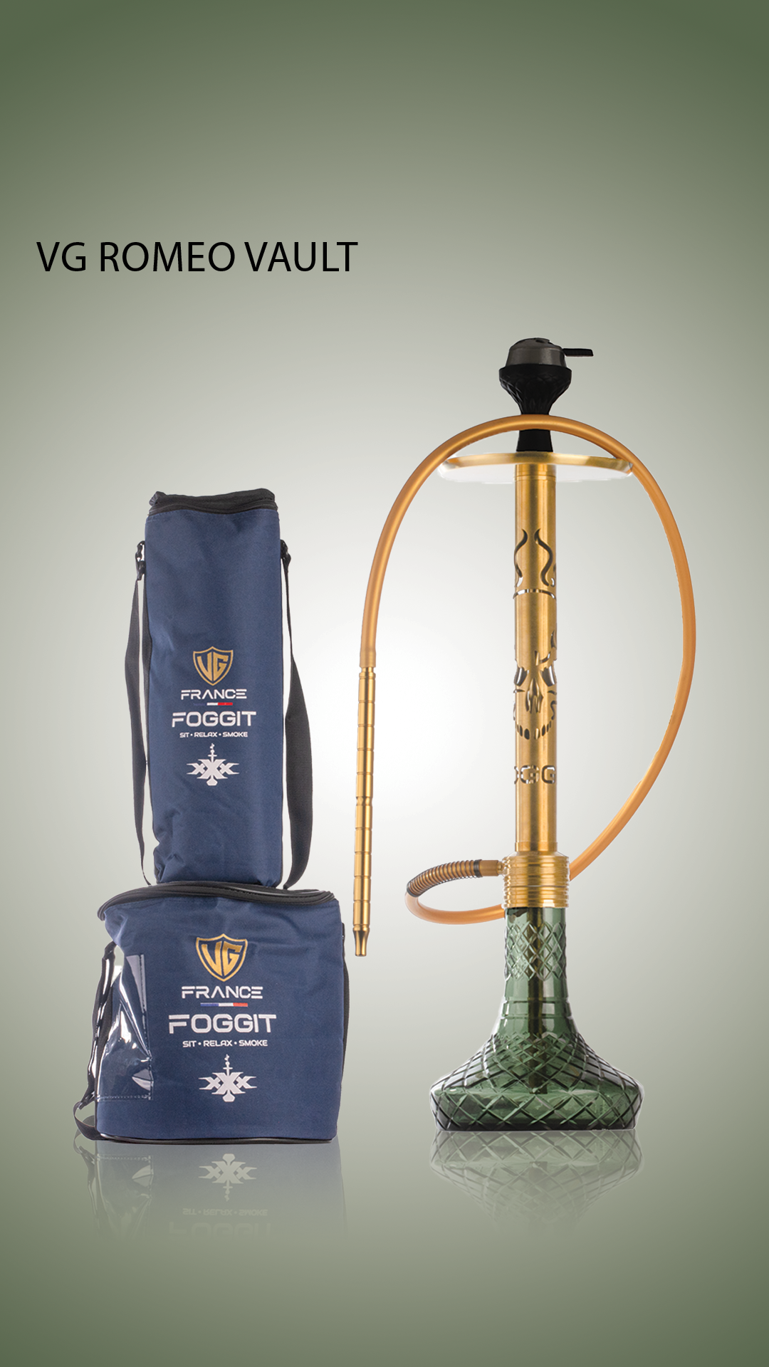 VG Romeo Vault Hookah with 2 Bags - Gold Skull Stem / Emerald Green Base