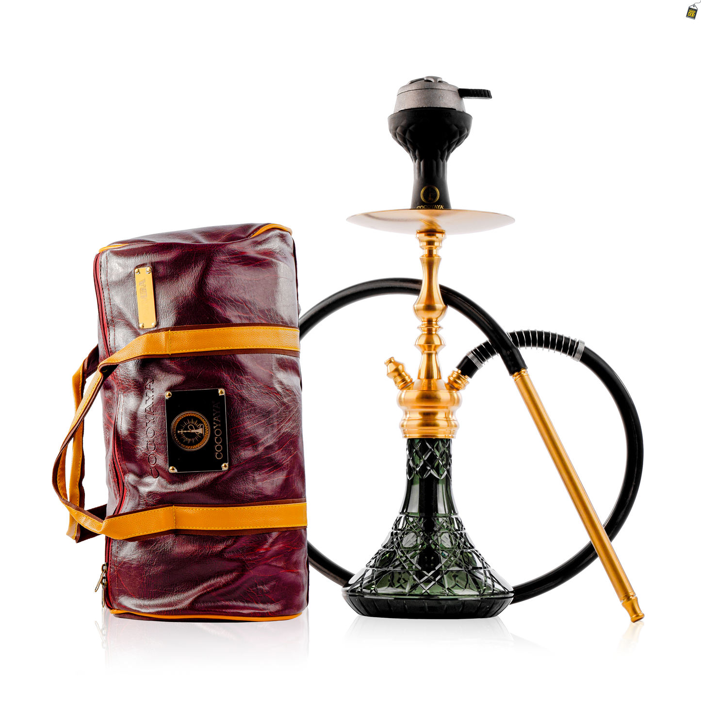 COCOYAYA Simba Hookah with Round Brown Bag - Gold Stem / Emerald Green Base