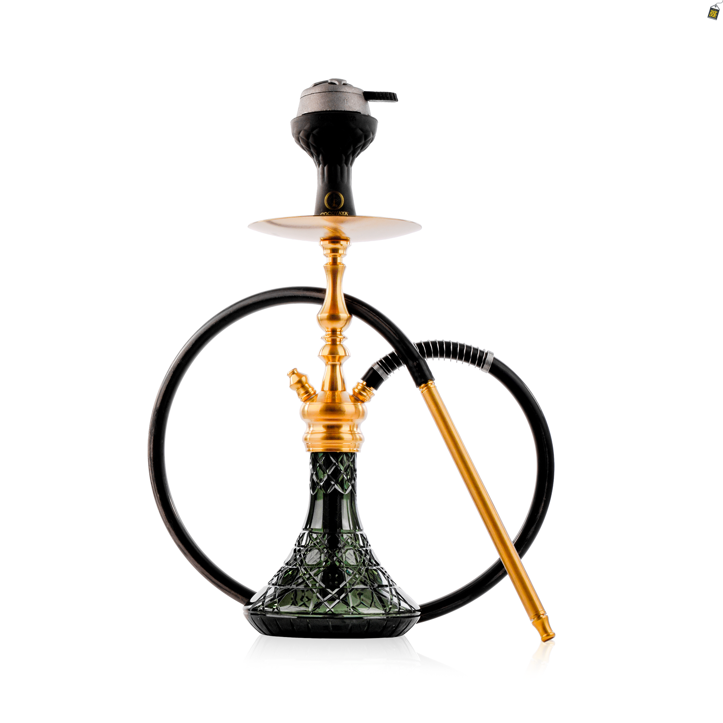 COCOYAYA Simba Hookah with Round Brown Bag - Gold Stem / Emerald Green Base