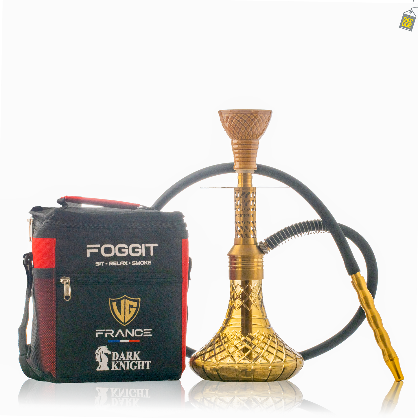 Dark Knight Slash Hookah with Bag - Gold Stem / Grey Base
