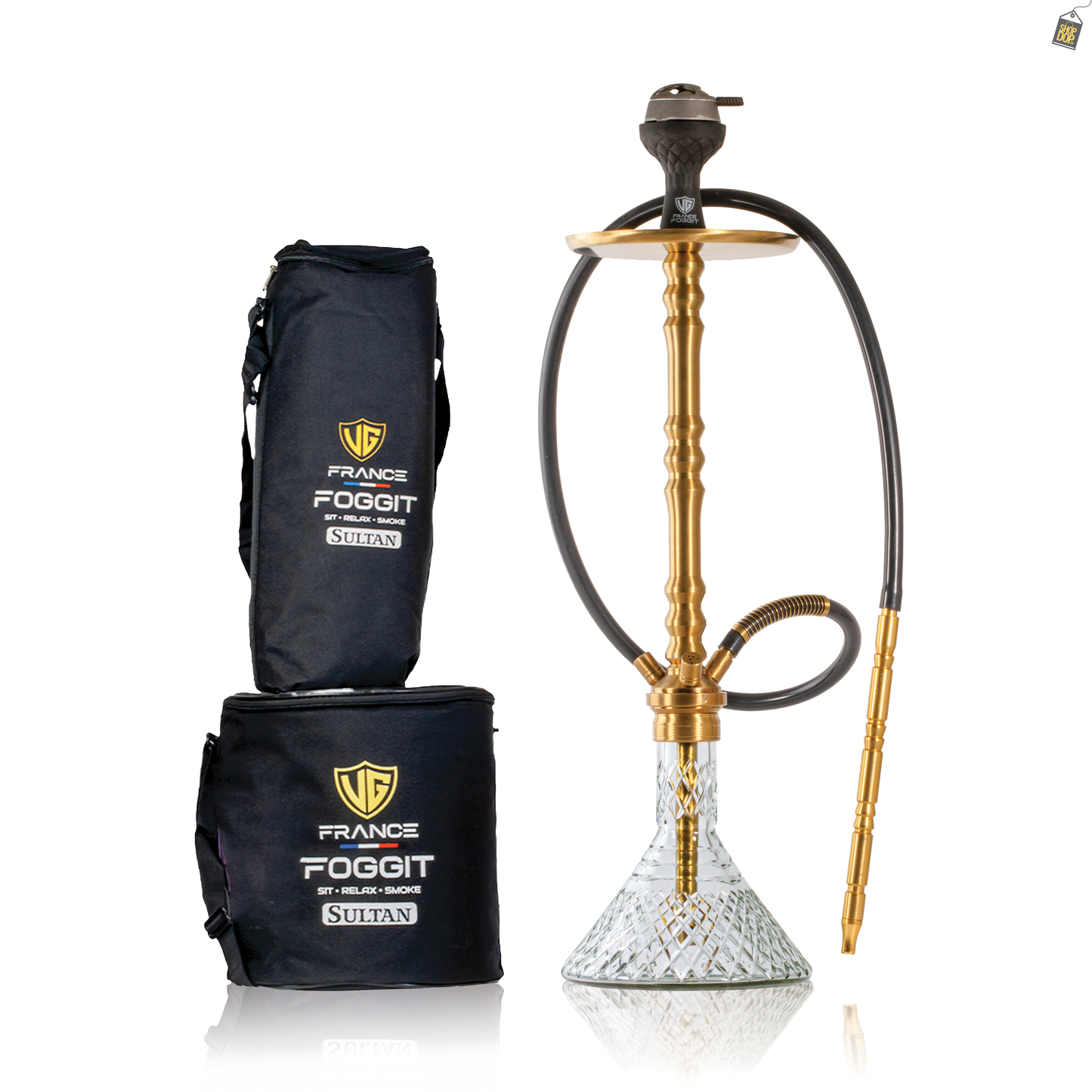Sultan Arthur Hookah with 2 Bags - Gold Stem / Transparent Base