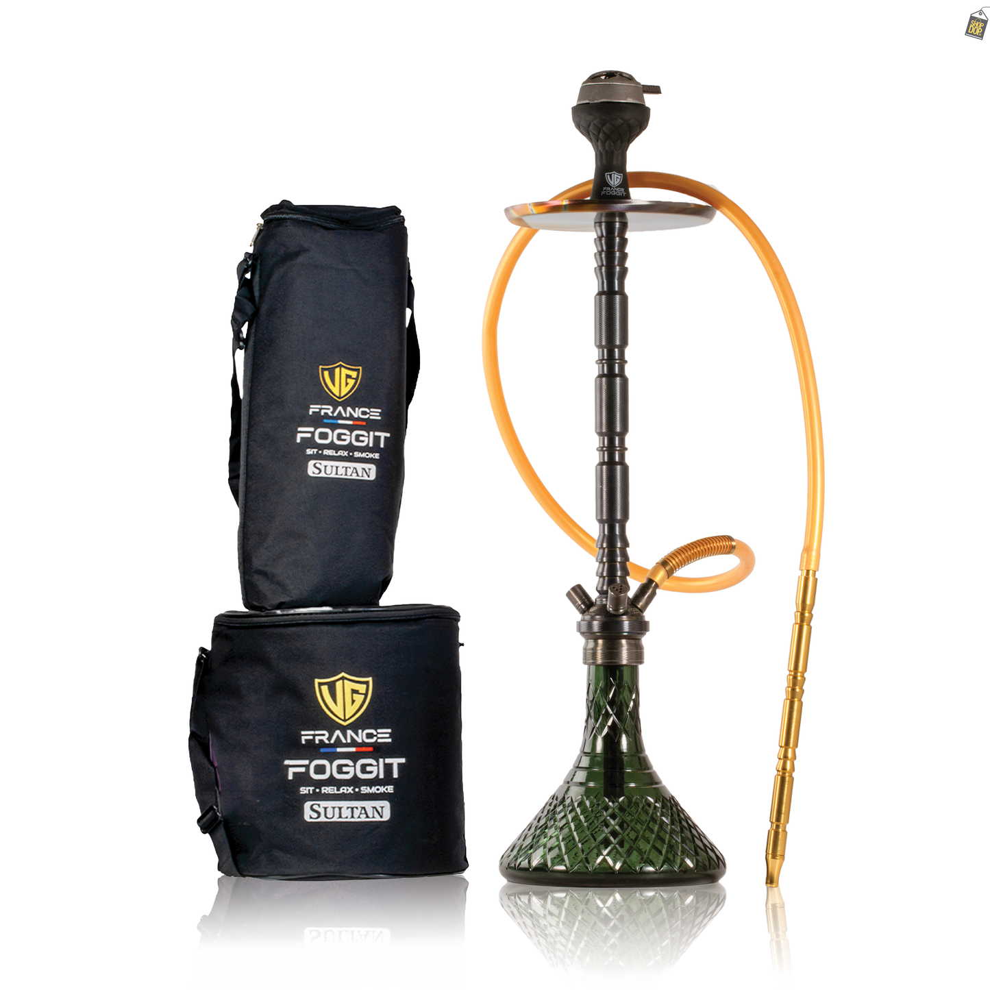 Sultan Evans Hookah with 2 Bags - Black Stem / Emerald Green Base