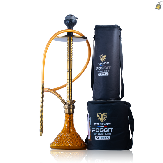 Sultan Heygan Hookah with 2 Bags - Gold Stem / Amber Base