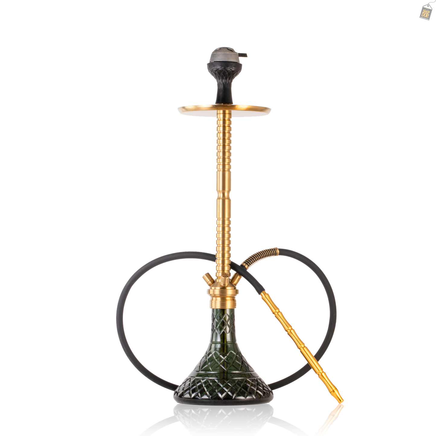 Sultan Heygan Hookah with 2 Bags - Gold Stem / Emerald Green Base
