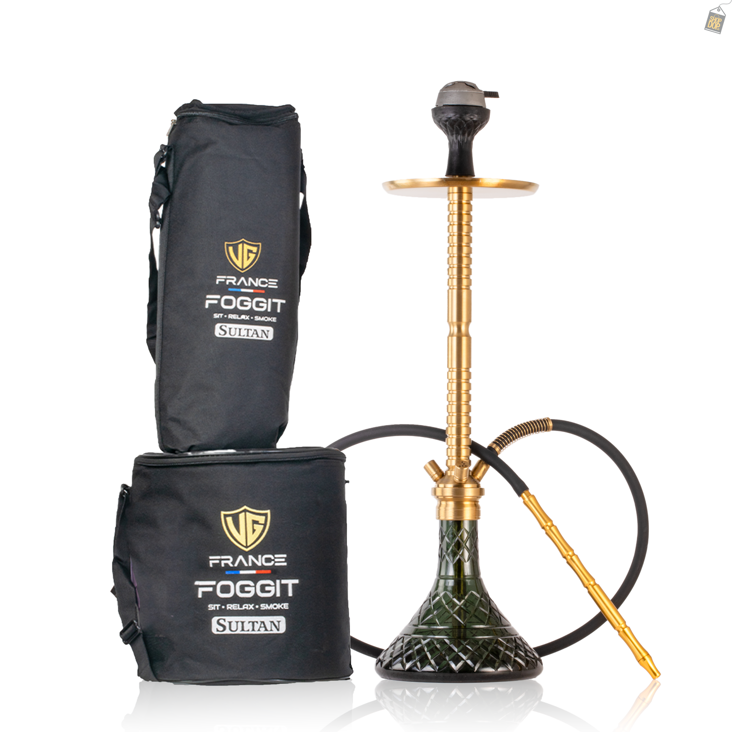 Sultan Heygan Hookah with 2 Bags - Gold Stem / Emerald Green Base