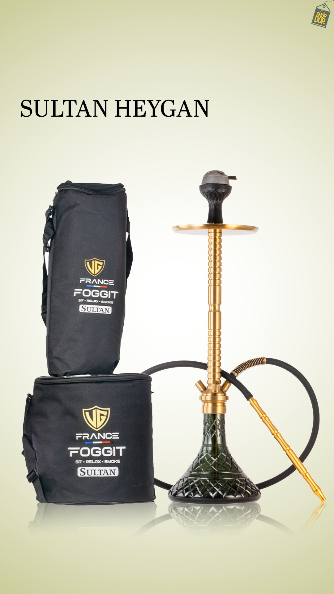 Sultan Heygan Hookah with 2 Bags - Gold Stem / Emerald Green Base