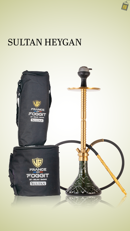 Sultan Heygan Hookah with 2 Bags - Gold Stem / Emerald Green Base