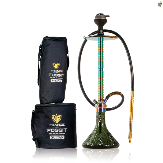 Sultan Heygan Hookah with 2 Bags - Rainbow Stem / Emerald Green Base