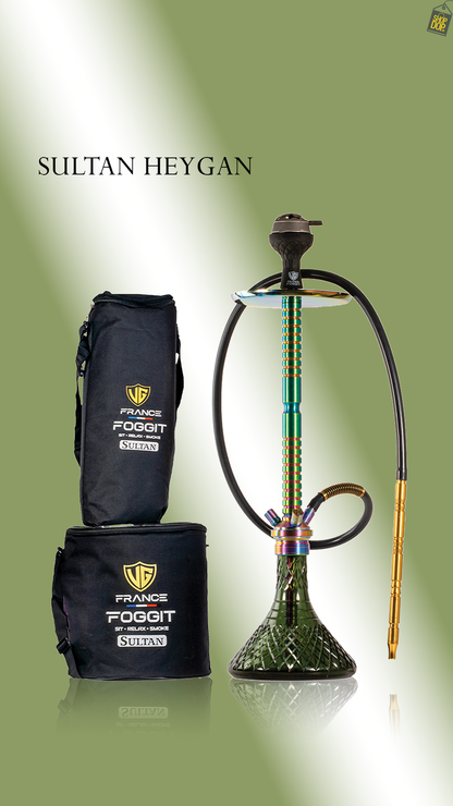 Sultan Heygan Hookah with 2 Bags - Rainbow Stem / Emerald Green Base