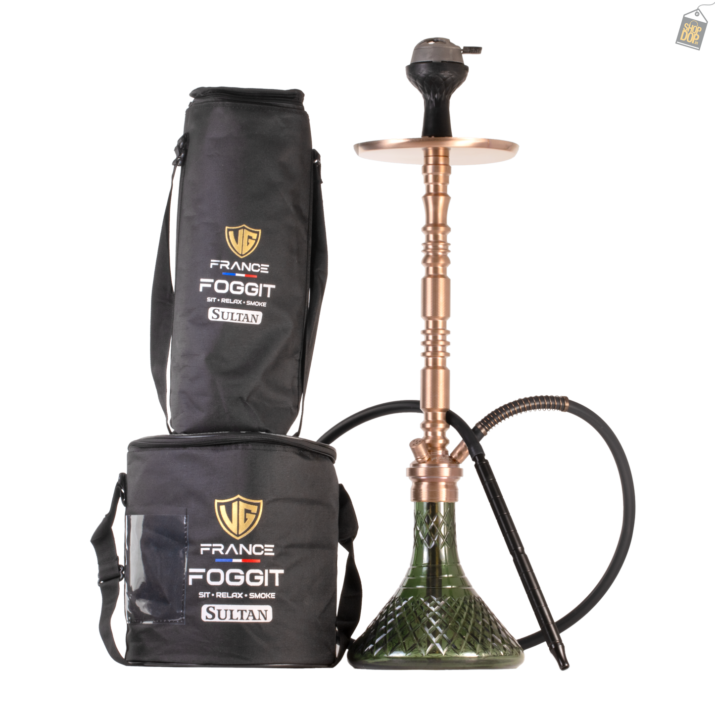 Sultan Orchan Hookah with 2 Bags - Bronze Stem / Emerald Green Base