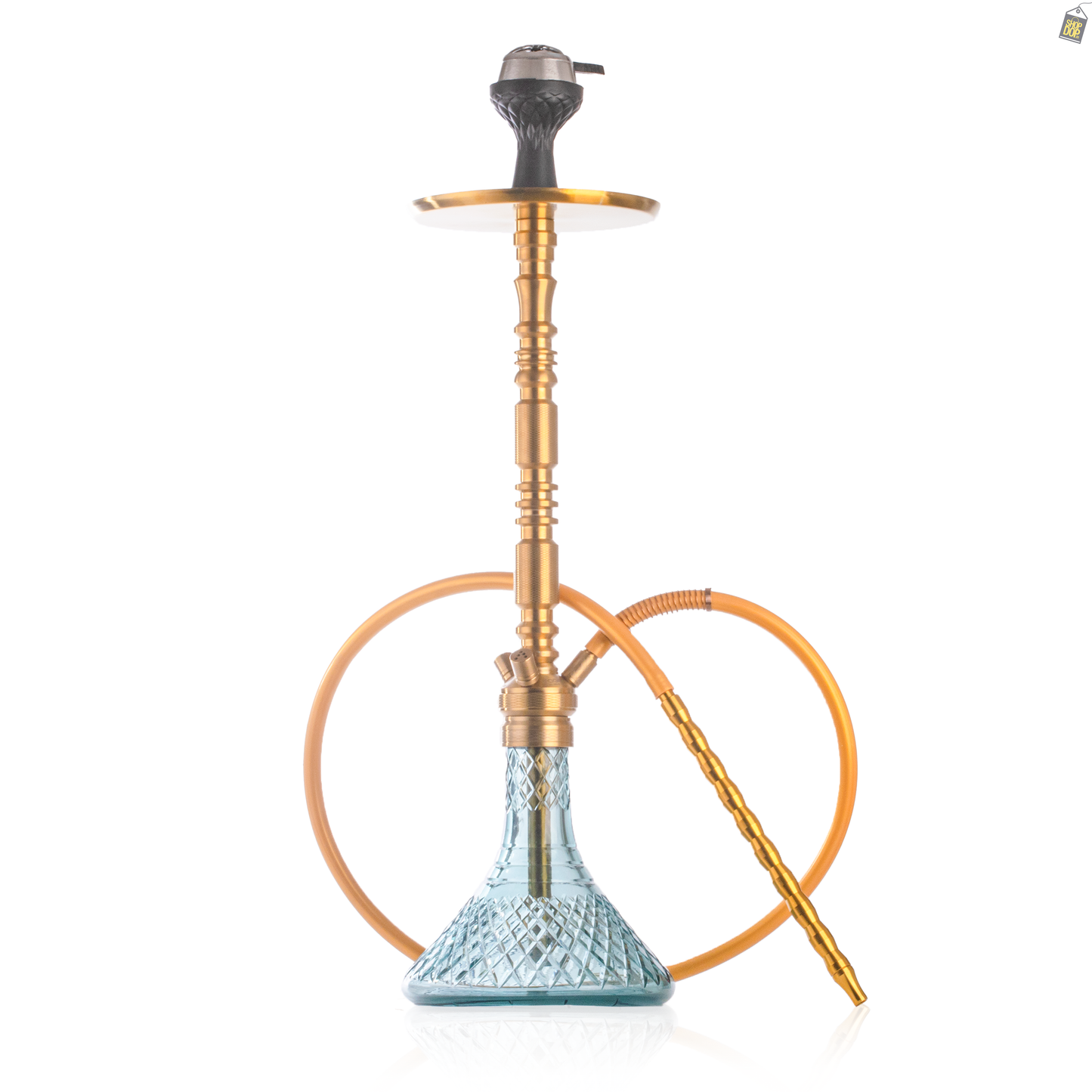 Sultan Orchan Hookah with 2 Bags - Golden Stem / Aqua Base