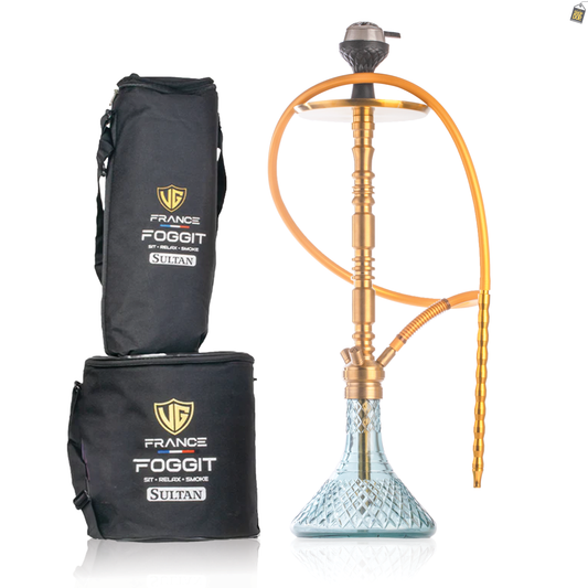 Sultan Orchan Hookah with 2 Bags - Golden Stem / Aqua Base