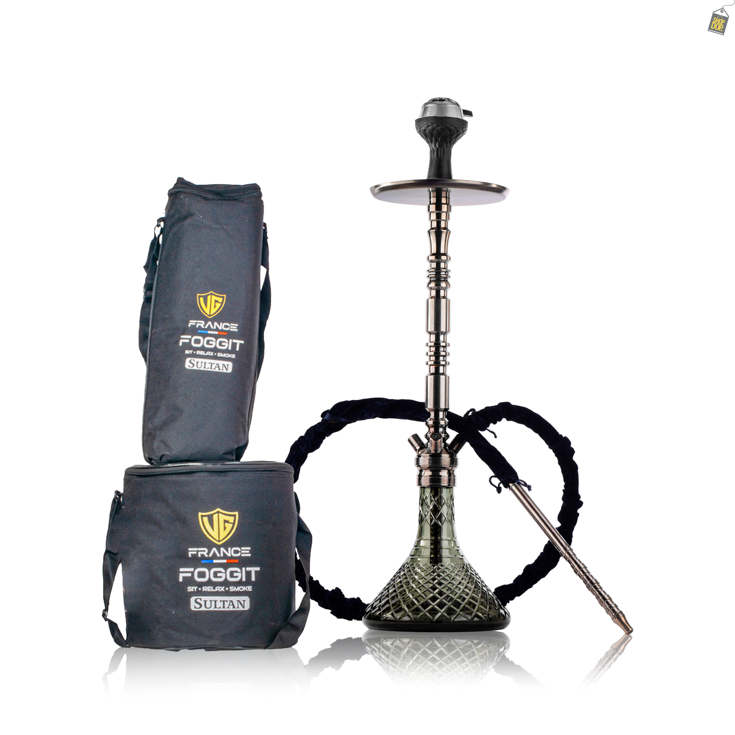 Sultan Orchan Hookah with 2 Bags - Gun Metal Stem / Emerald Green Base