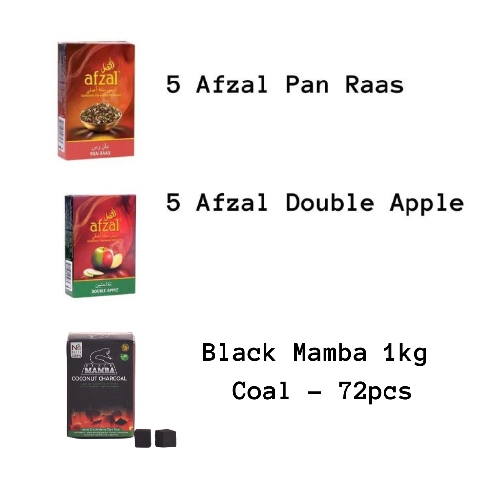 5 अफजल पान रास + 5 अफजल डबल सेब + 1 किलो। ब्लैक माम्बा कोयला