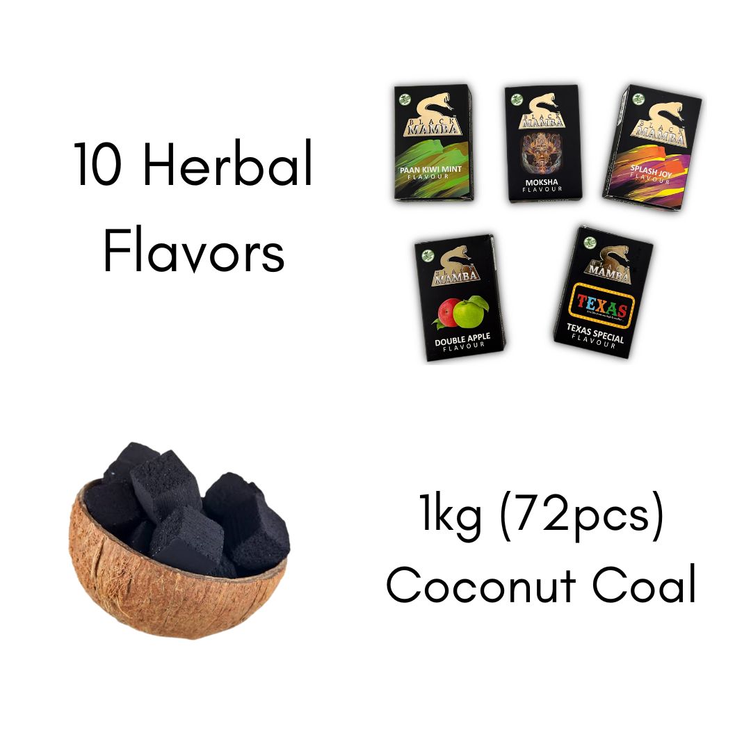 ब्लैक माम्बा हर्बल फ्लेवर (10 का पैक) + 1 किलोग्राम नारियल कोयला